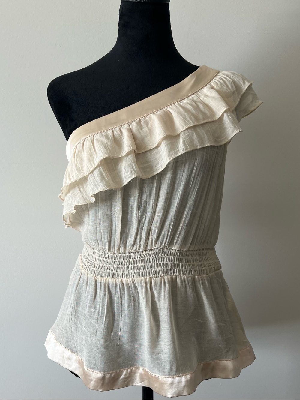 Y2K Bebe Cream One-Shoulder Ruffle Going Out Top